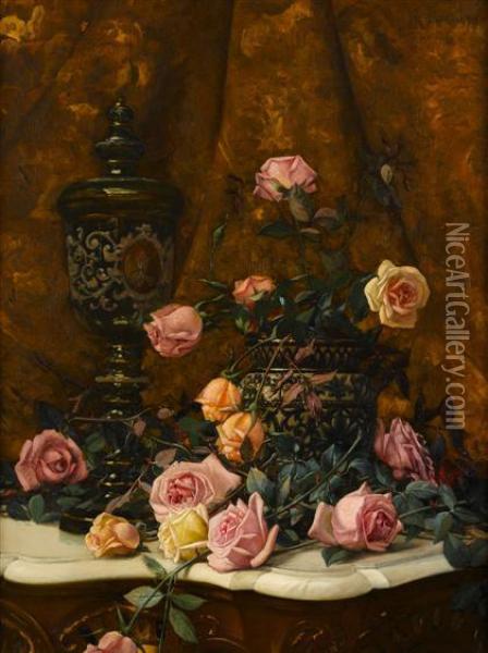 Still Life With Roses And Covered Urn On A Marble Top Table Oil Painting - Milne Ramsey