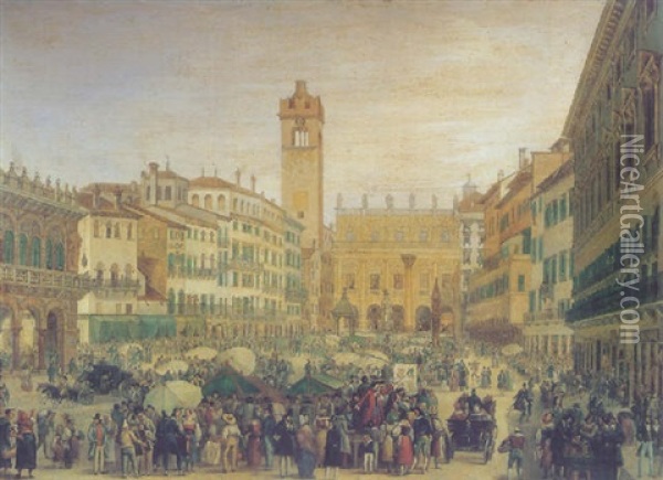 View Of The Piazza Del'erbe, Verona Oil Painting - Achille Vianelli