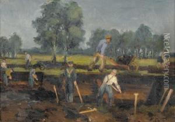 Arbeiter Auf Dem Feld. Oil Painting - Geo Poggenbeek