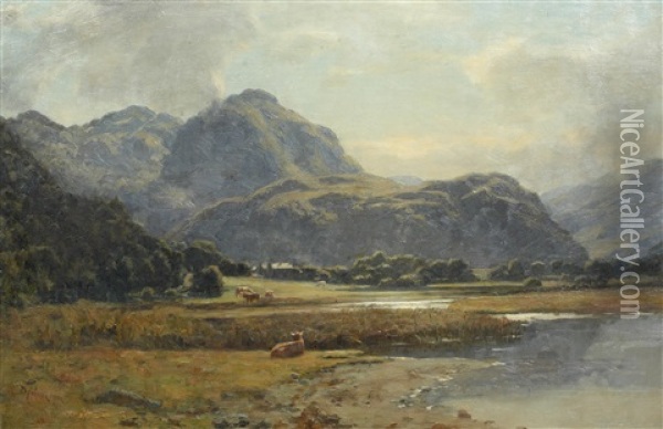 A Highland Loch With Cattle In The Foreground Oil Painting - Duncan Cameron