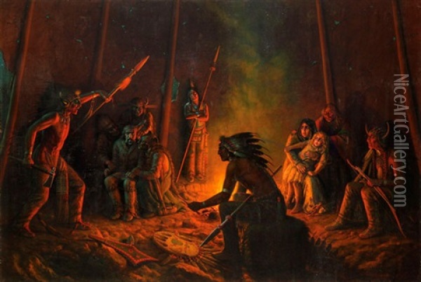 Frontiersman And His Daughter Held Captive Inside Indian Tent Oil Painting - Astley David Middleton Cooper