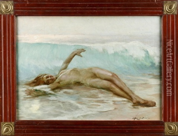 In Meeresbrandung Liegender Weiblicher Akt Oil Painting - Alex De Andreis