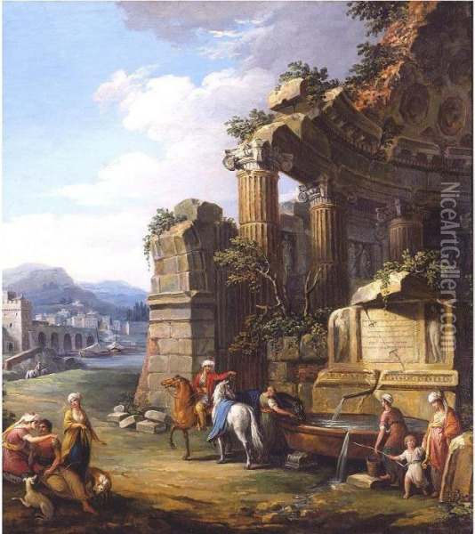 An Italianate River Landscape 
With Classical Ruins, Figures Dressed In Oriental Costume Watering Their
 Horses At A Fountain With Others Fetching Water Nearby Oil Painting - Giuseppe Zocchi