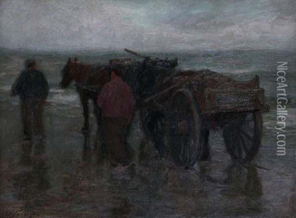 Shrimpers At The Beach Oil Painting - Edgard Farasyn