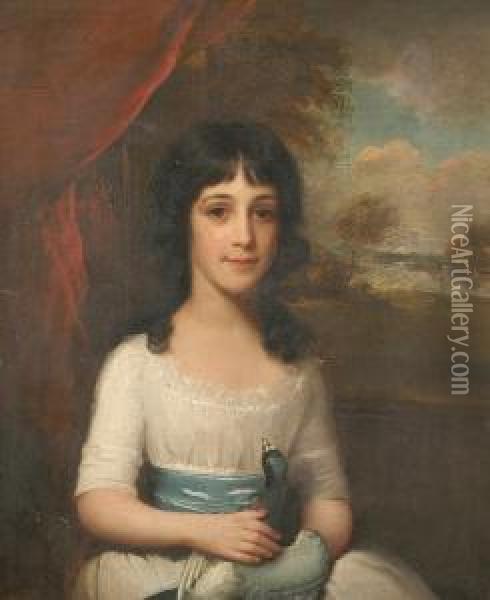 A Portrait Of A Young Girl Holding A Pigeon Oil Painting - Lemuel Francis Abbott