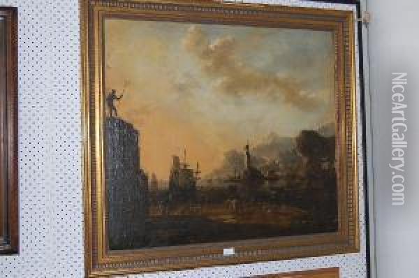 A Mediterranean Harbour Scenewith Moored Shipping And Ruined Lighthouse Oil Painting - Johann Eismann