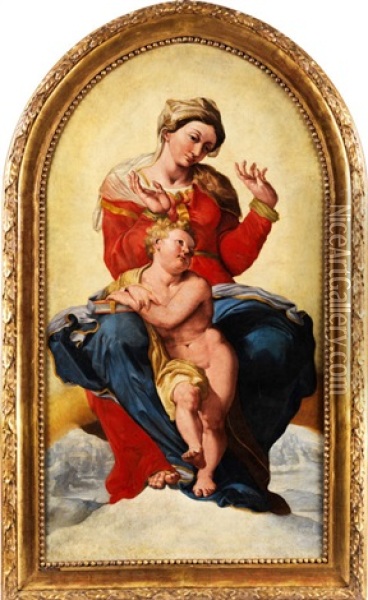 Madonna Mit Dem Jesusknaben Auf Wolken Uber Landschaft Mit Gebauden Schwebend Oil Painting - Pellegrino Tibaldi
