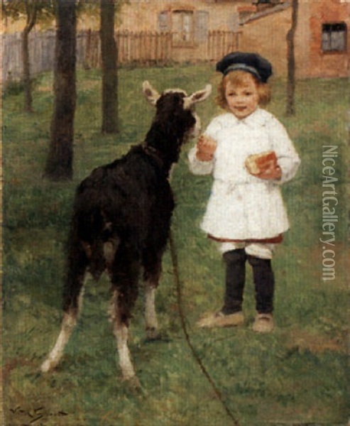 Feeding The Goat Oil Painting - Victor Gabriel Gilbert