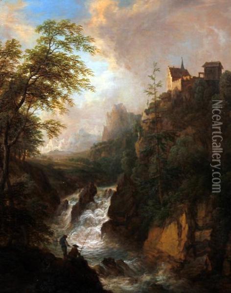 Mountain River Landscape With Anglers On A Rocky Outcrop Oil Painting - Christian Georg Schuttz II