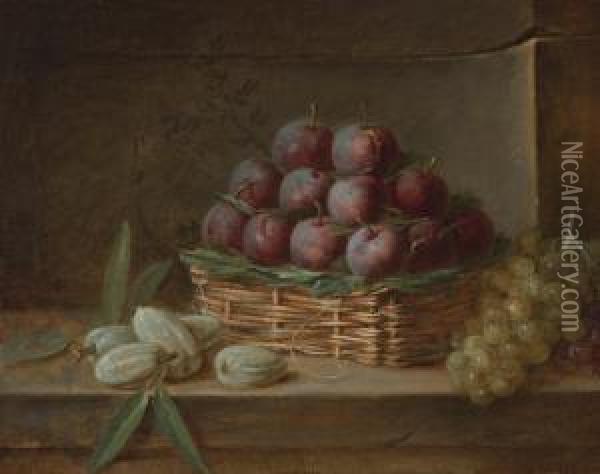 Still Life With Plums, Almonds And Raisins Oil Painting - Henri-Horace Roland de la Porte