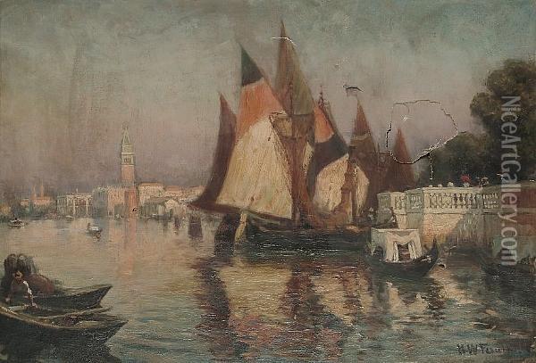 Boats On The Lagoon, Venice, The Doges Palace In The Distance Oil Painting - Herbert Waldron Faulkner