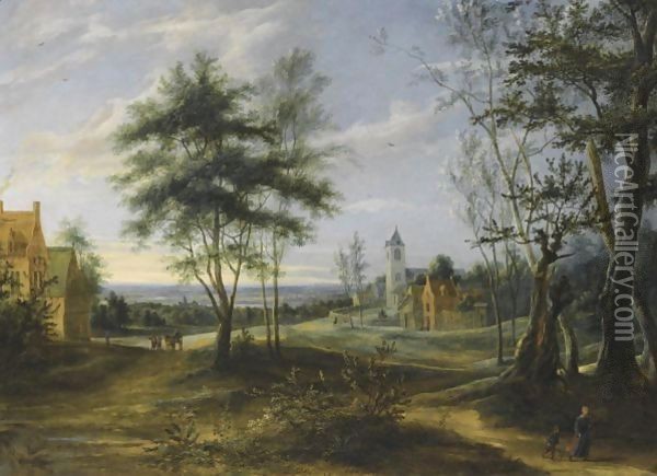 A Village Scene With Figures In The Foreground, A Church Beyond Oil Painting - Lucas Van Uden
