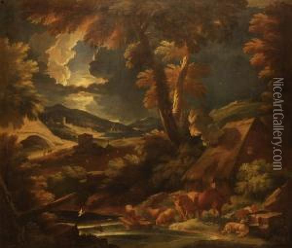 Paesaggio Con Figure E Animaliolio Oil Painting - Pieter the Younger Mulier