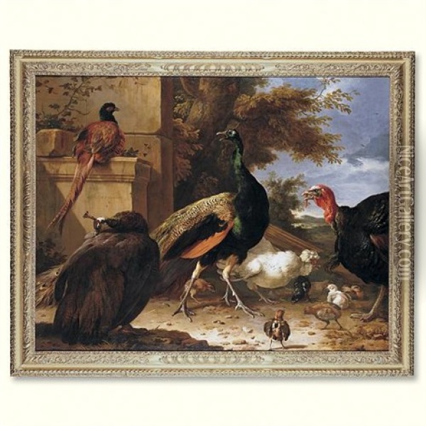 A Peacock, A Pea-hen, A Pheasant, A Turkey, A Cockerel And Chicks By A Wall, A Landscape Beyond Oil Painting - Melchior de Hondecoeter