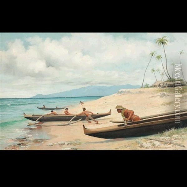 Diamond Head, Hawaii - Launching The Outriggers Oil Painting - Joseph (Joe) D. Strong