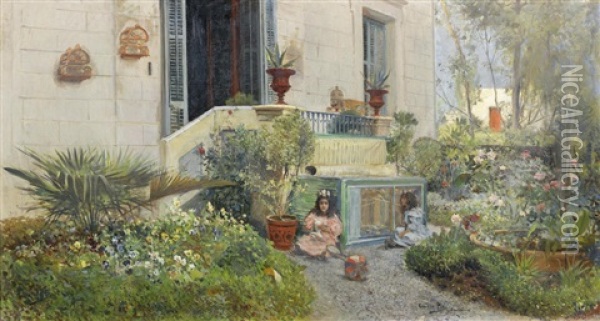 In A Spanish Garden Oil Painting - Cecilio Pla