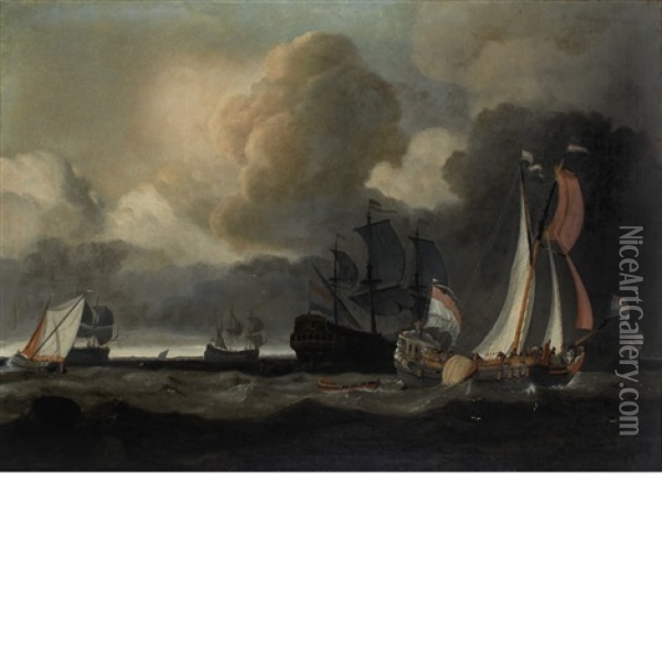 Ships Under Cloudy Skies Off A Coast Oil Painting - Ludolf Backhuysen the Elder