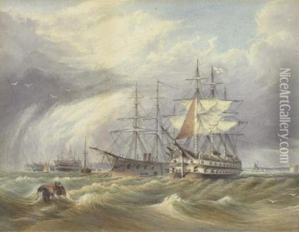 British Warships; And Warships At Anchor Oil Painting - William Clarkson Stanfield