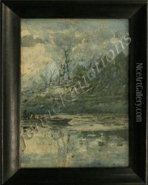 Fisherman On Mountain Lake Oil Painting - William Louis Ii Sonntag