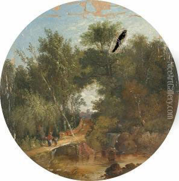 Figures On A Bridge Over A Brook Oil Painting - Robert Burrows
