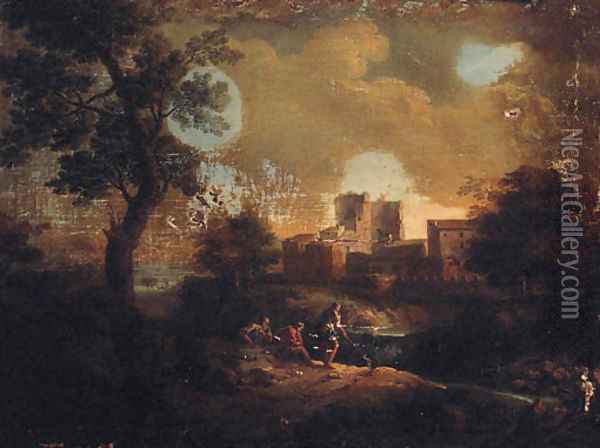 An Italianate landscape with travellers on a path overlooking a villa on a river Oil Painting - An Frans Van Orizzonte (see Bloemen)