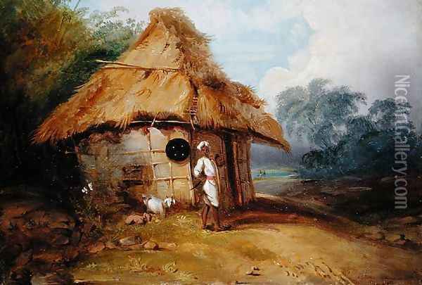View in Southern India, with a Warrior Outside his Hut, c.1815 Oil Painting - George Chinnery