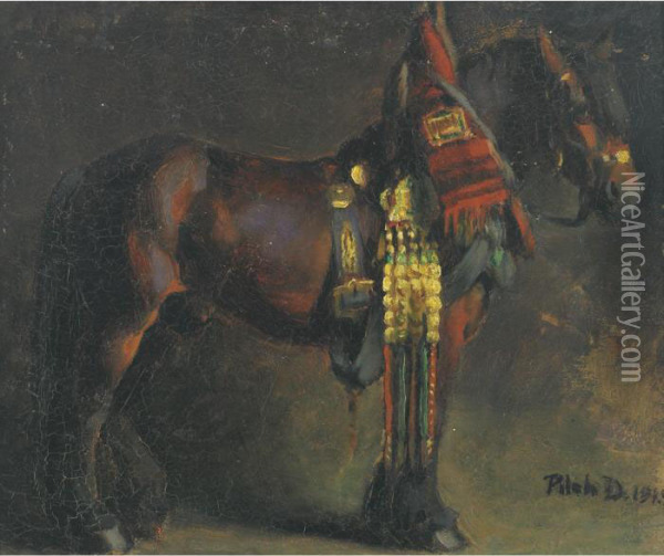 Study Of A Draft Horse In Parade Regalia Oil Painting - Dezso Pecsi-Pilch