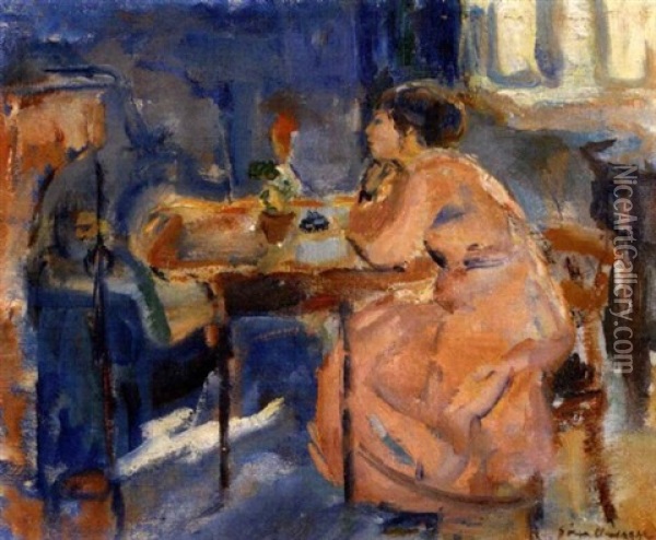 Interior Med Kvinne Oil Painting - Soren Onsager