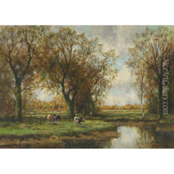 Cows By Stream Oil Painting - Willem Hendriks
