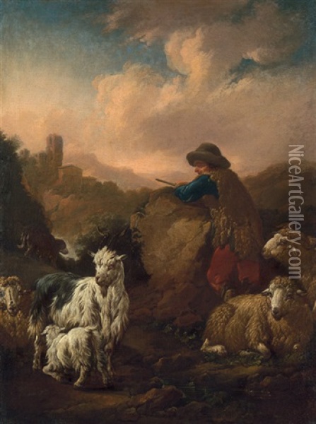 Pastorale Landschaft Mit Schafshirten Und Seinem Vieh Oil Painting - Johann Heinrich Roos