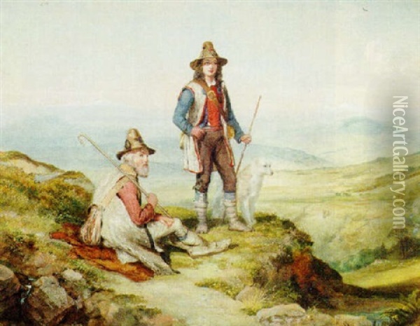 Shepherds In An Italianate Landscape Oil Painting - Charles H. Poingdestre