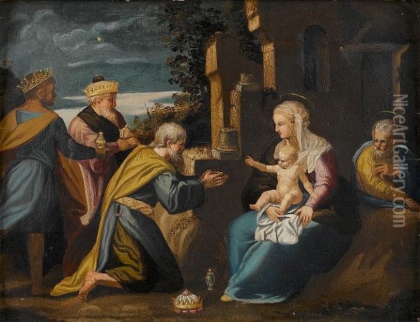 The Adoration Of The Magi Oil Painting - Girolamo Mazzola Bedoli