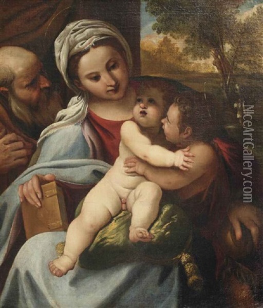 The Holy Family With Saint John The Baptist Oil Painting - Giacomo Cavedone