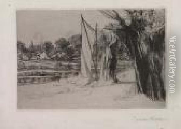 Thames Ditton--with A Sail Oil Painting - Sir Francis Seymour Haden