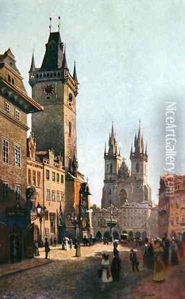 View of Staromestsky Rynk with the Town Hall and the Church of Our Lady before Tyn Oil Painting - Vaclav Jansa