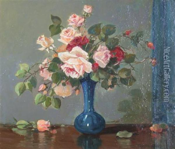 Still Life With Pink And Red Roses Oil Painting - Thomas, Tom Campbell