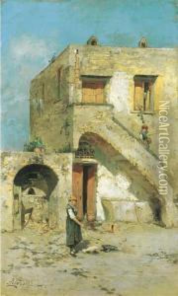 Capri, Vita Nel Cortile Oil Painting - Antonino Leto