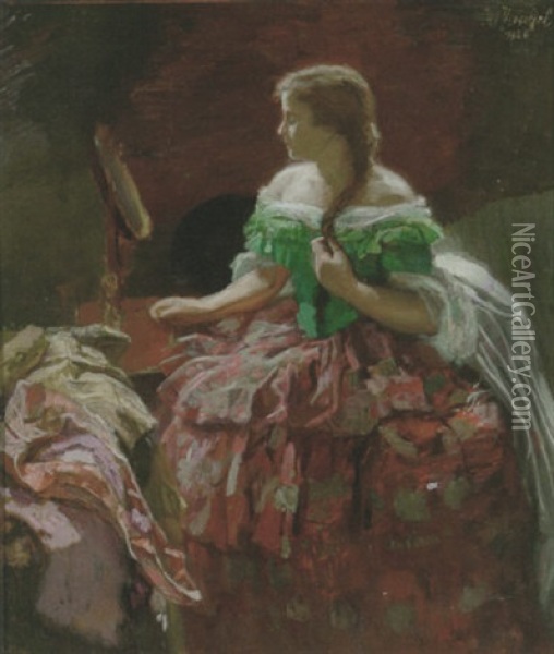 Ung Kvinde, Der Betragter Sig Selv I Et Spejl Oil Painting - Otto Herschel