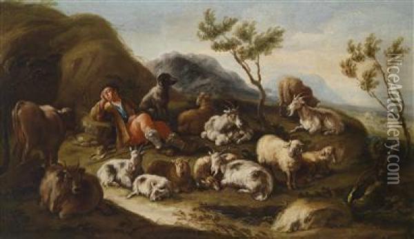 A Landscape With A Sleeping Shepherd Andhis Flock Oil Painting - Gaetano De Rosa