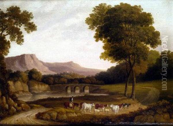View Of Derbyshire, With Figure On Horseback, Cattle And Sheep In A Lane Oil Painting - John Glover