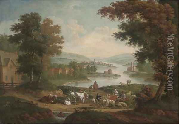 Peasants with sheep and cattle in an extensive river landscape Oil Painting - John Wootton