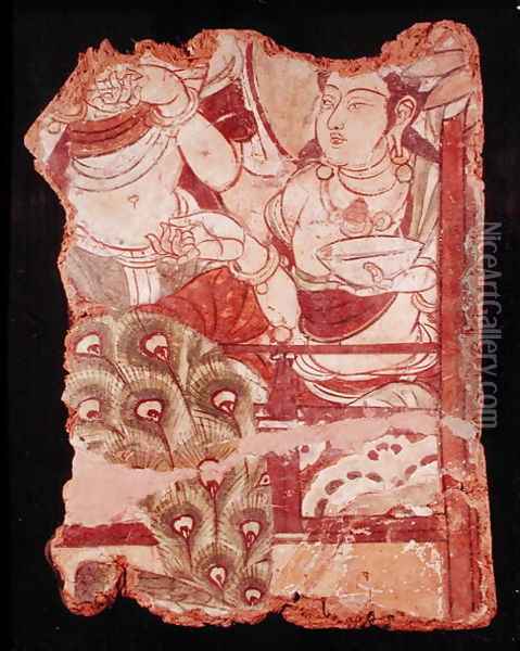 Fragment depicting a Buddhist paradise, from Duldur-Aqur, Xinjiang, c.700 AD Oil Painting - Anonymous Artist