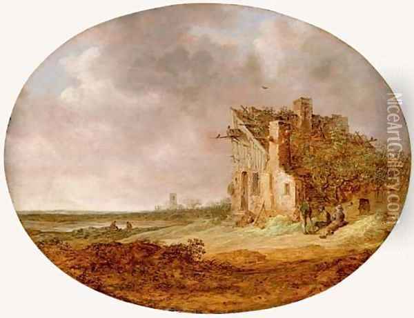 Le Pigeonnier An extensive landscape with peasants sitting on a bank by a dilapidated cottage Oil Painting - Jan van Goyen