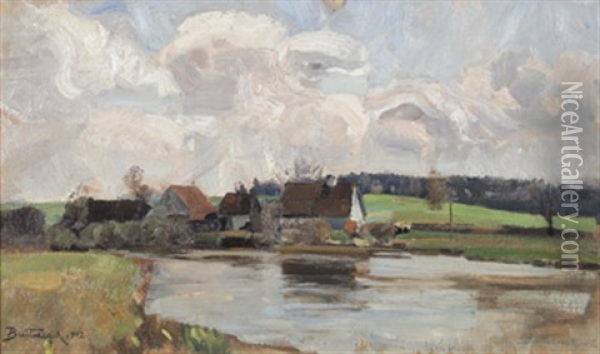 Vorfruhling An Der Amper Bei Allershausen, Wirre Wolken (study) Oil Painting - Bernhard Buttersack