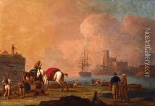 Ein Sudlicher Seehafen. Oil Painting - Charles Francois Lacroix de Marseille