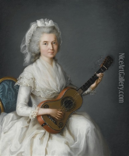 Portrait Of A Lady, Three-quarter Length, In A White Gown And Lace Cap, Seated And Playing A Mandolin Oil Painting - Charles Lepeintre