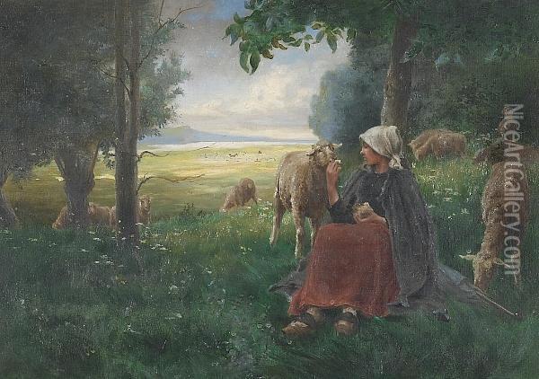 An Extensive Landscape With A Shepherdess And Her Flock In The Foreground Oil Painting - Georges Laugee