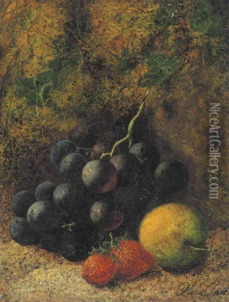 Grapes, Strawberries And An Apple On A Forest Floor Oil Painting - Oliver Clare