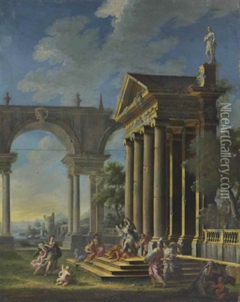 Allegorical Figures Outside A Temple Facade Oil Painting - Gennaro Greco