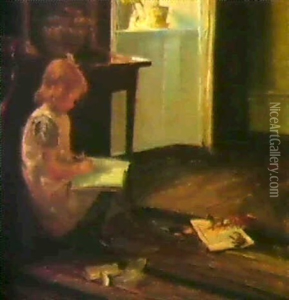 En Lille Pige, Der Laeser Lektier Oil Painting - Carl Vilhelm Holsoe